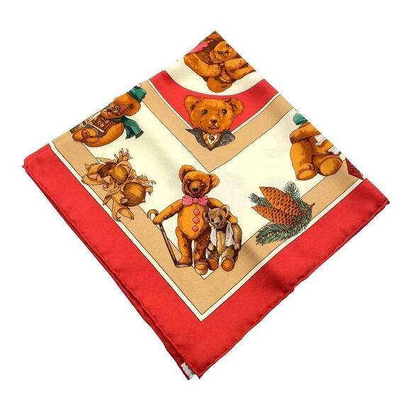 HERMES Vintage Carré 40cm 16” Teddy Bear Red Multicolor Silk Scarf W/Box NWT - Picture 6 of 15